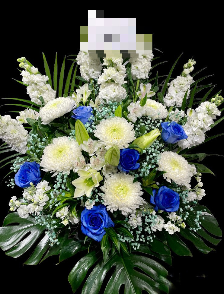 白いお花 ストック、洋菊、百合にアクセントカラー青いバラを組み合わせました。青いバラが引き立つインパクトあるアレンジメントになります。